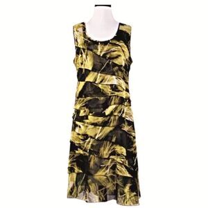  Dress Sleeveless Ruffled Front Midi Length Black &  Yellow  Palm Print Size Lg